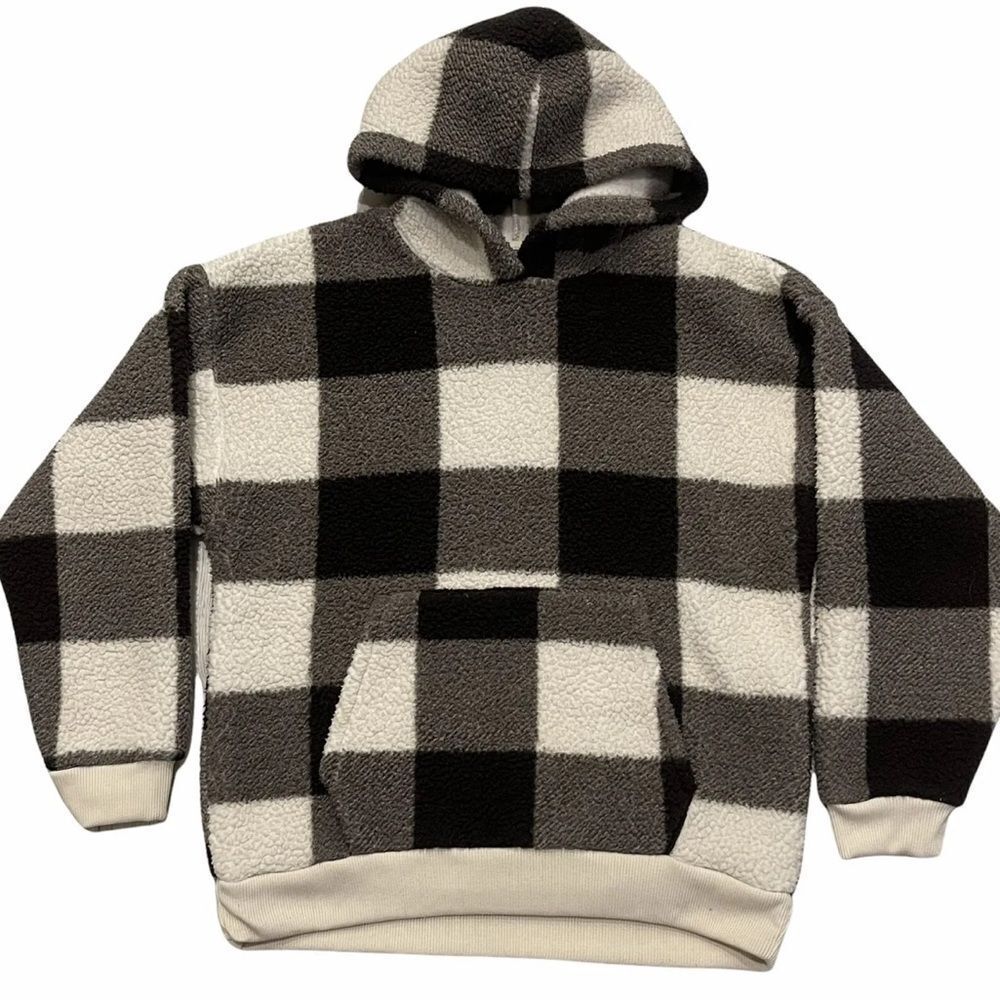AMERICAN EAGLE Sherpa Fleece Black White Grey Checkered Pullover Hoodie M - Picture 2 of 9
